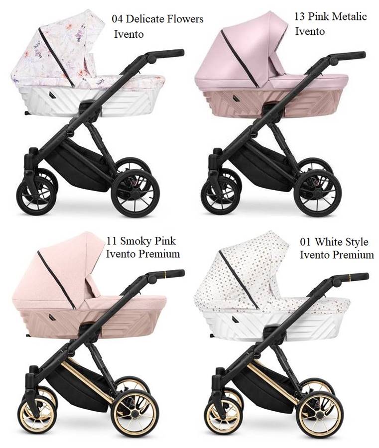 Kolory wózków dziecięcych dla dziewczynek: Delicate Flowers, Pink Metalic, Smoky Pink Ivento Premium, White Style – modne i eleganckie propozycje dostępne w Dadi-Shop